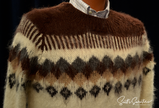 White men's soft alpaca crewneck sweater with dark brown and tan yoke by Gamboa, size large