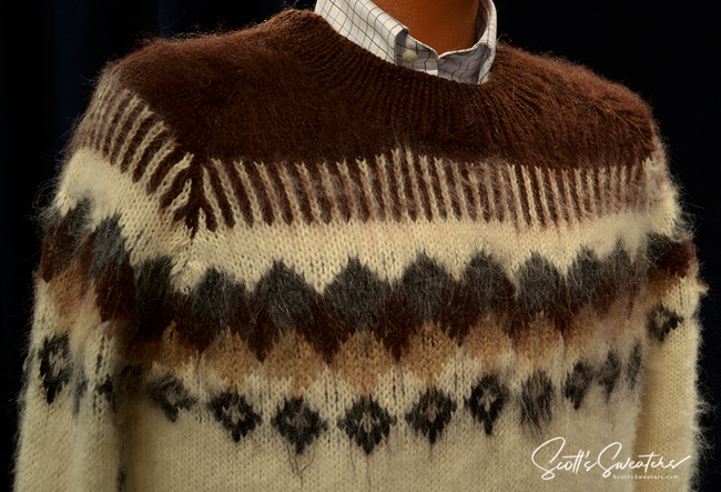 White men's soft alpaca crewneck sweater with dark brown and tan yoke by Gamboa, size large