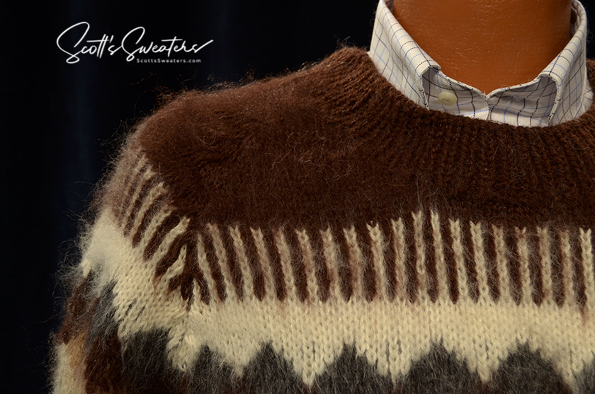 Men's soft alpaca white brushed crewneck sweater with dark brown and tan yoke by Gamboa in size large