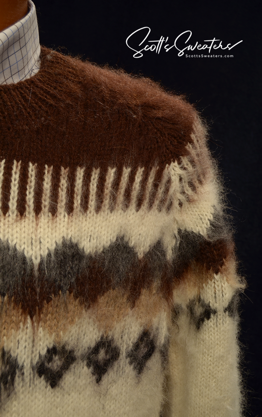 Men's soft alpaca white crewneck sweater with dark brown and tan yoke by Gamboa in size large