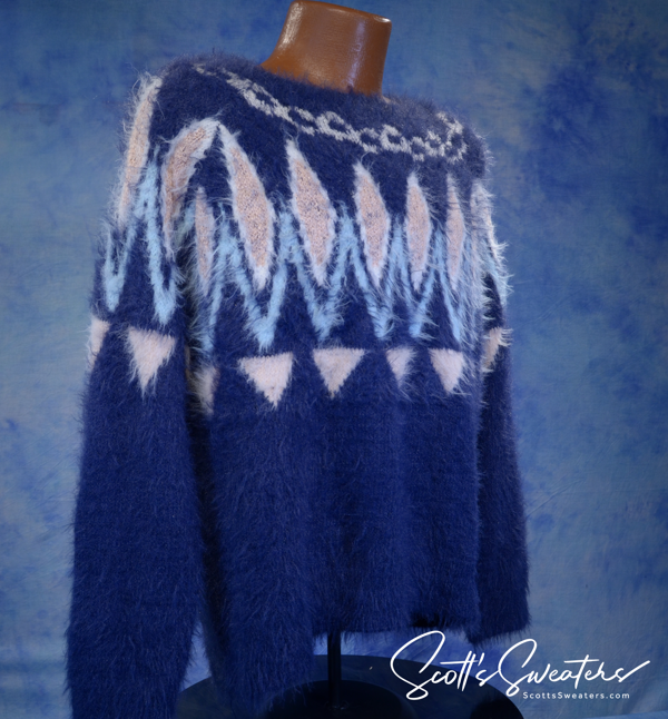 Woman's eyelash sweater fuzzy blue plush crewneck pullover with jacquard design by LC Lauren Conrad