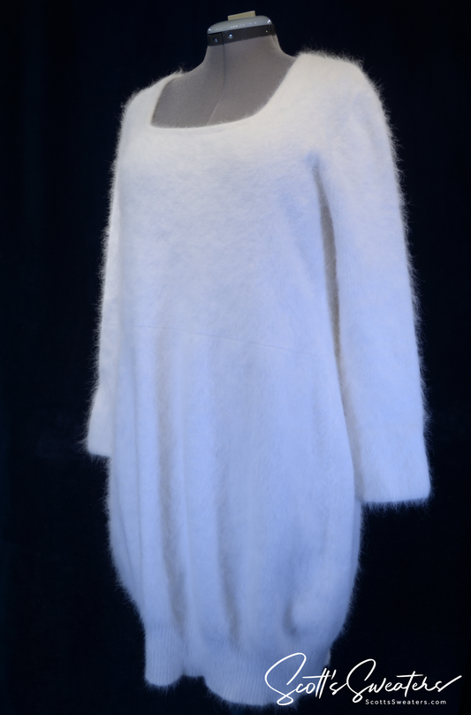 Woman's Soft and Fuzzy Angora Ivory Jewel-neck Sweaterdress