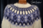 White men's hand-knit turtleneck mohair sweater with blue yoke pattern by Scott's Sweaters