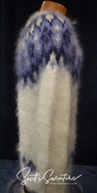 White men's hand-knit turtleneck mohair sweater with blue yoke pattern, small-medium size