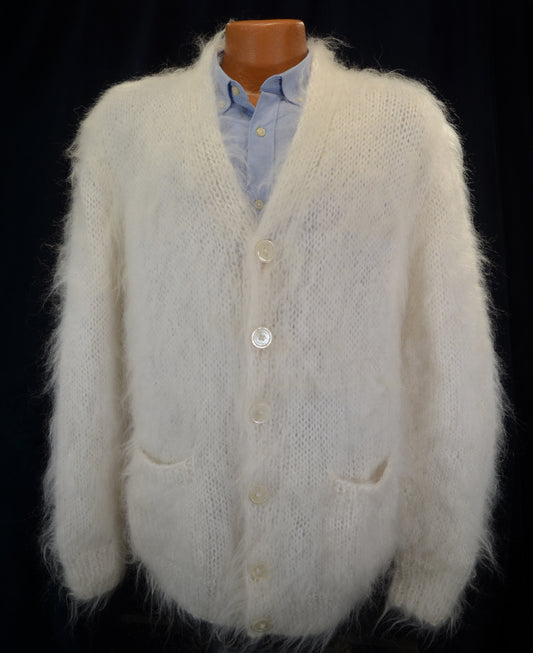 Men's White Hand-knit Cardigan Mohair Sweater