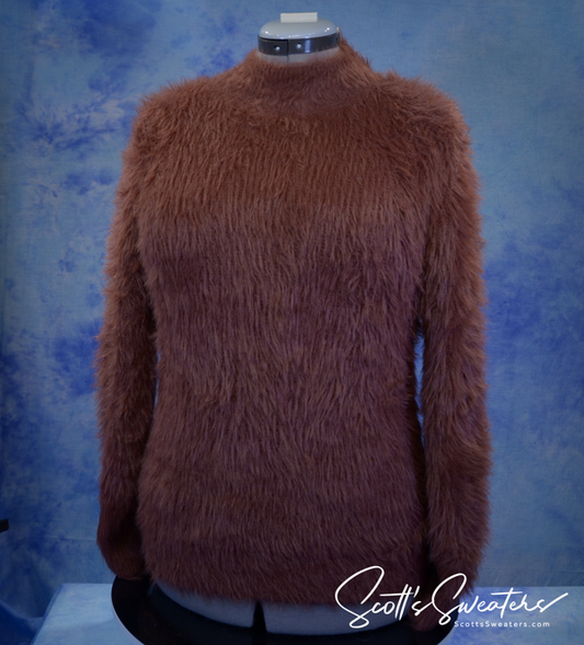 Unisex Brown Extra-Fuzzy Mock-Turtleneck Pullover Sweater for Teen or Small Adult