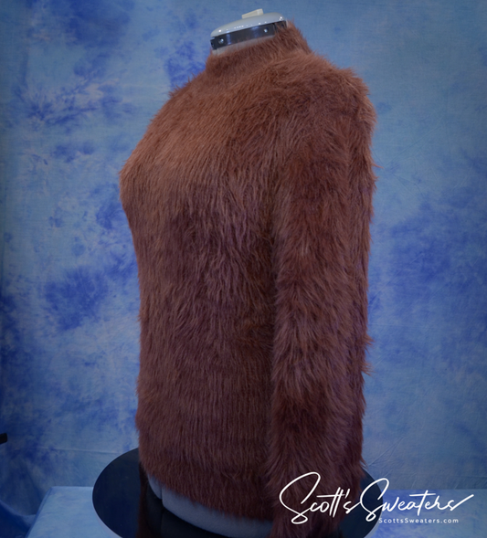 Unisex Brown Extra-Fuzzy Mock-Turtleneck Pullover Sweater for Teen or Small Adult