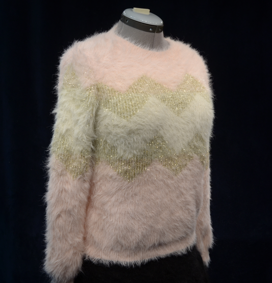 Woman's Fuzzy Pink Plush Eyelash Crewneck Sweater by Rose