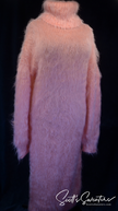 Woman's pink full-length mohair sweaterdress with high neck and long sleeves by Scott's Sweaters