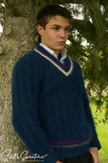 Men's ultra-soft cableknit angora tennis sweater in navy with red and white trim
