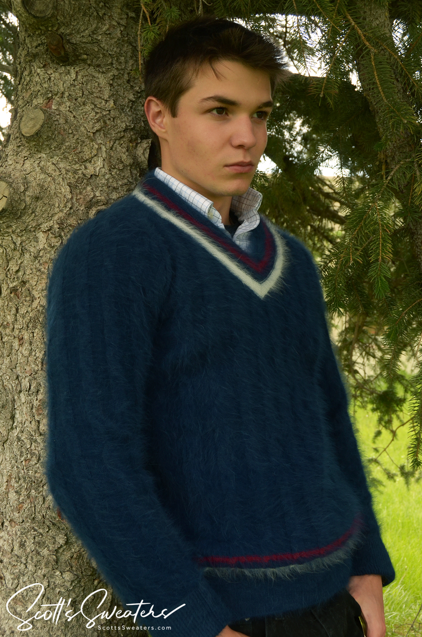 Men's ultra-soft cableknit angora tennis sweater in navy with red and white trim