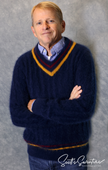 Men's ultra-soft angora cableknit tennis sweater in navy with red and gold stripes
