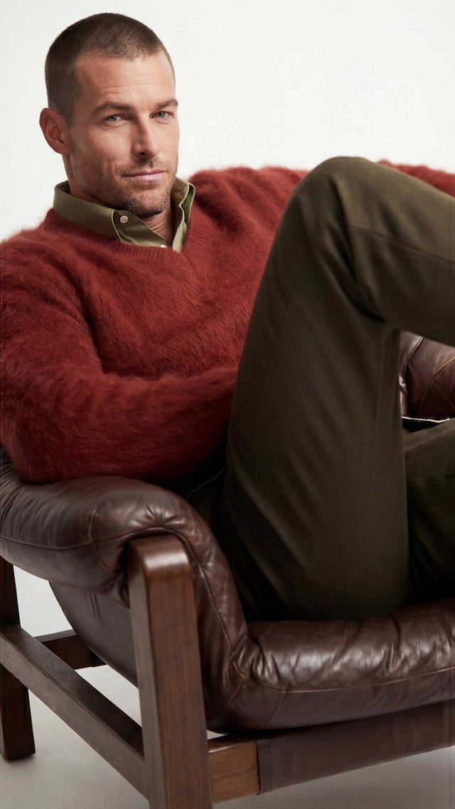 Men's soft luxurious angora sweater with rib-knit texture and V-neck design