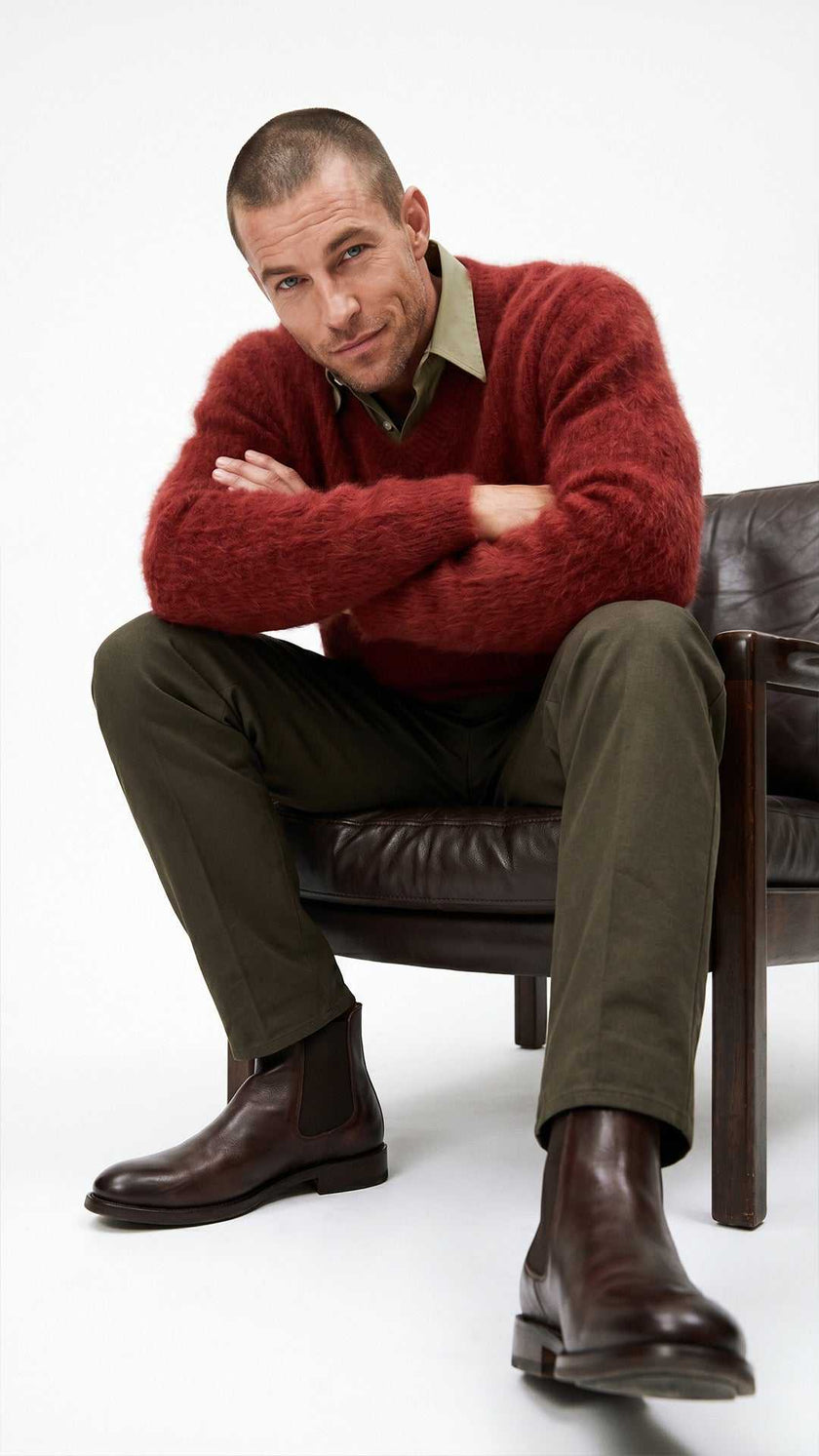 Men's soft luxurious angora sweater with rib-knit texture and V-neck design in premium knitwear collection