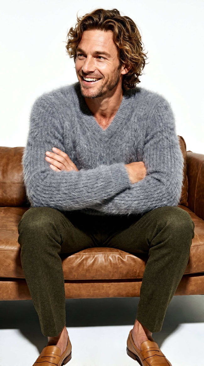 Men's soft luxurious angora sweater with rib-knit texture and V-neck design for versatile style and comfort