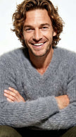 Men's soft luxurious angora sweater with rib-knit texture and V-neck design