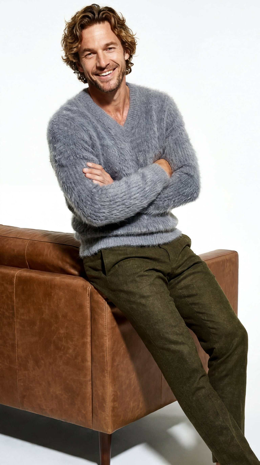 Men's angora sweater in soft rib-knit with V-neck and wide sleeves for luxury and comfort
