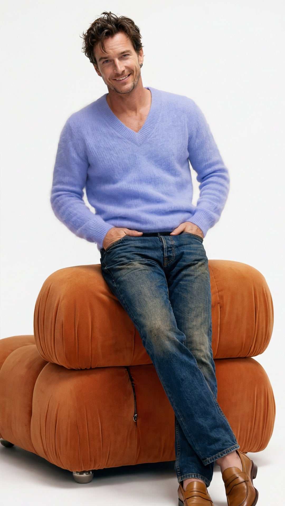 Men's soft luxurious angora sweater with rib-knit texture and V-neck design in multiple colors