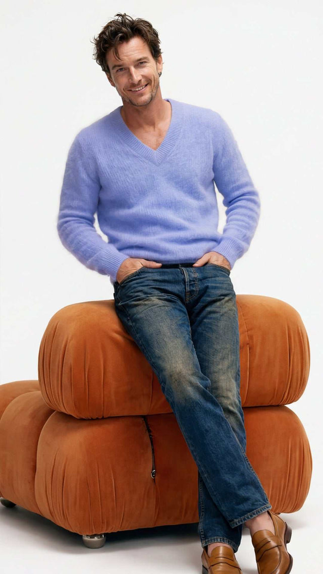Men's soft luxurious angora sweater with rib-knit texture and V-neck design in multiple colors