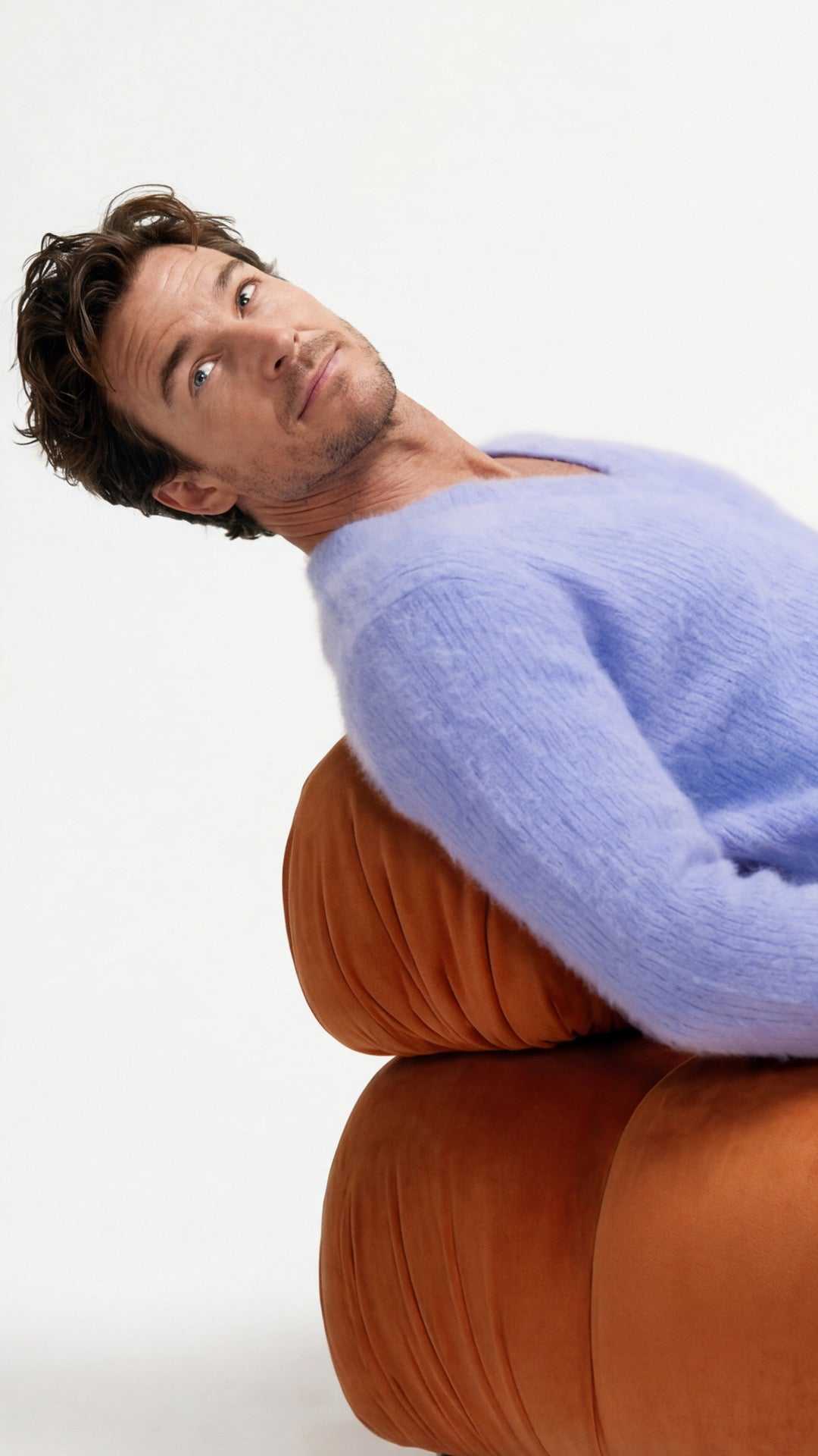 Men's soft luxurious angora sweater with rib-knit texture and V-neck design