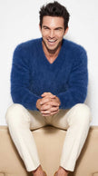 Men's luxurious soft angora sweater with rib-knit texture and V-neck design