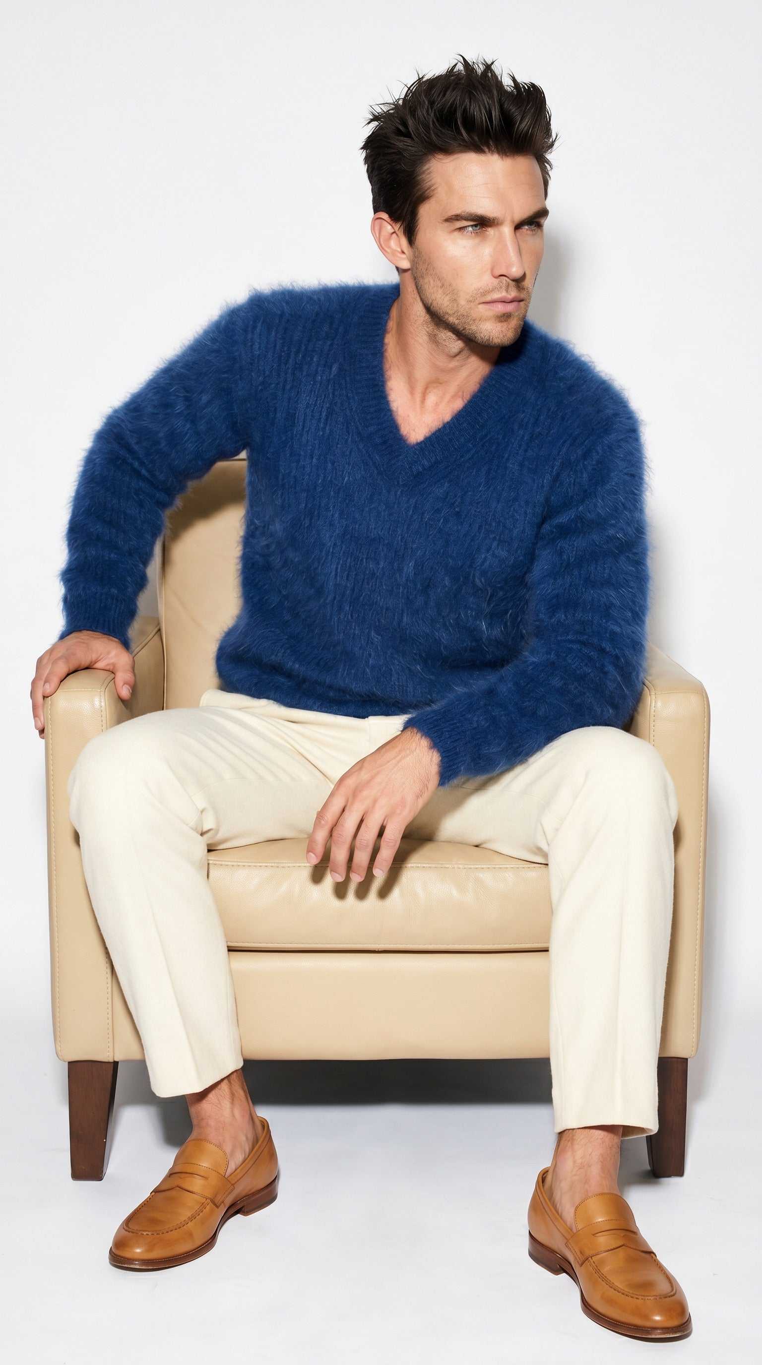Men's soft luxurious angora sweater with rib-knit texture and V-neck design