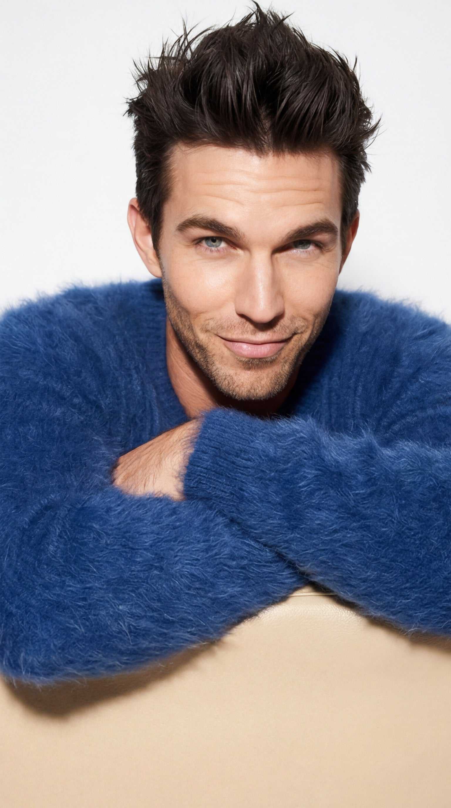 Men's luxury angora sweater with rib-knit texture and V-neck design for versatile, comfortable style