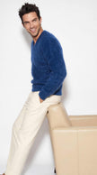 Men's soft luxurious angora sweater with rib-knit texture and V-neck design in multiple colors