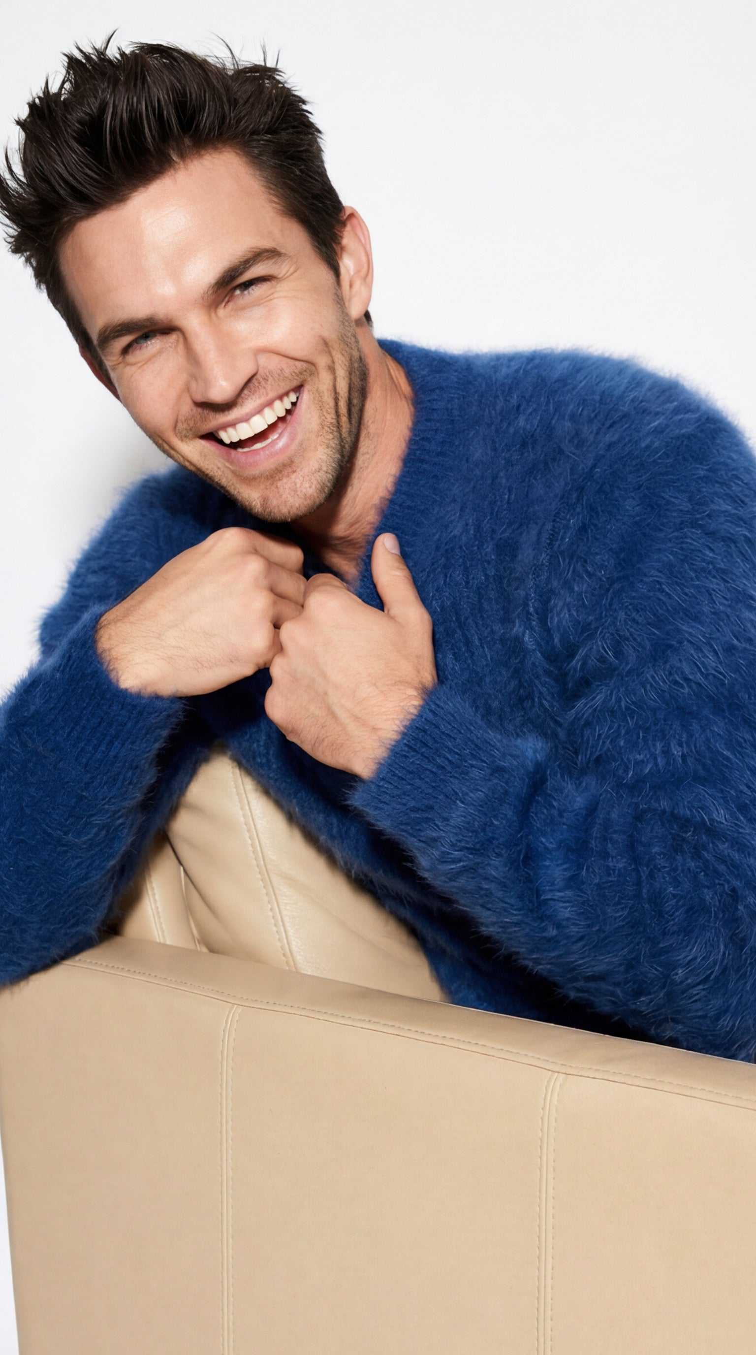 Men's soft luxurious angora sweater with rib-knit texture and V-neck design