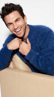 Men's soft luxurious angora sweater with rib-knit texture and V-neck design