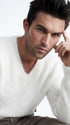 Men's soft luxurious angora sweater with rib-knit texture and V-neck design for versatile style and comfort
