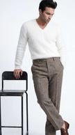 Men's soft luxurious angora sweater with rib-knit texture and V-neck design