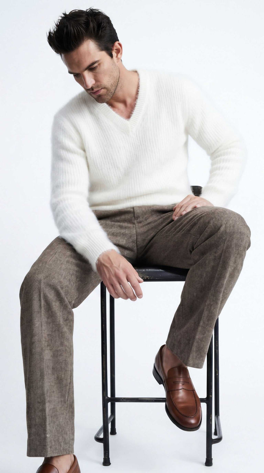Men's soft luxurious angora sweater with rib-knit texture and V-neck design