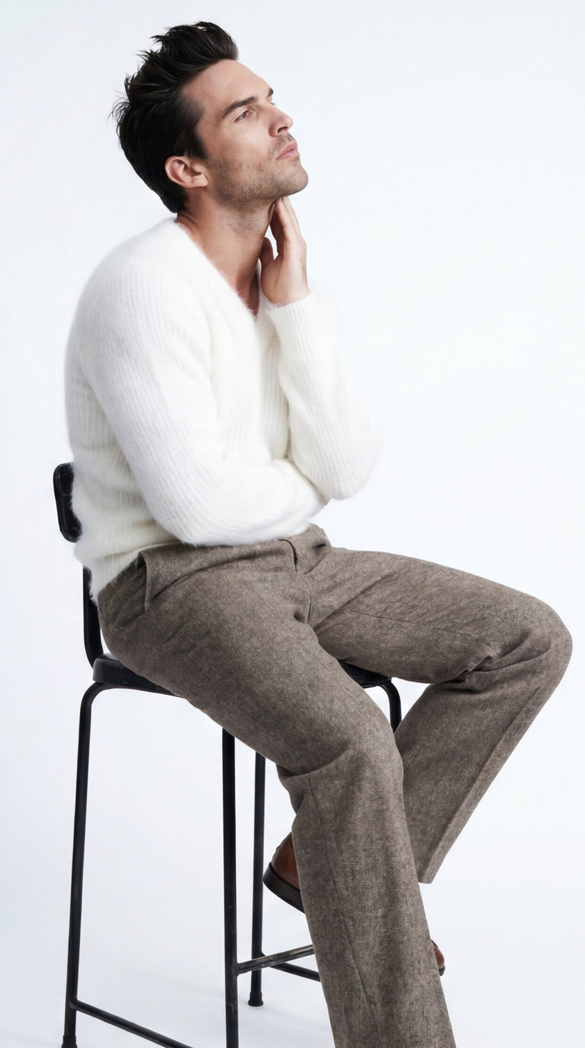 Men's soft luxurious angora sweater with rib-knit texture and V-neck design