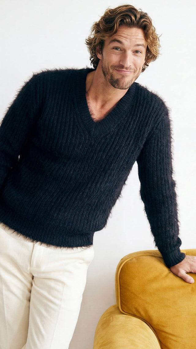 Men's soft luxurious angora sweater with rib-knit texture and V-neck design for premium comfort and style
