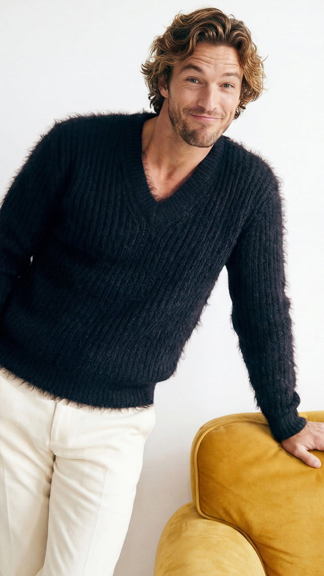 Men's soft luxurious angora sweater with rib-knit texture and V-neck design for premium comfort and style