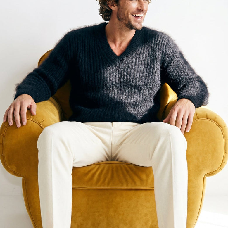 Men's angora sweater with rib-knit texture and V-neck, soft luxurious angora knitwear for versatile style