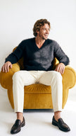 Men's angora sweater with rib-knit texture and V-neck, soft luxurious angora knitwear for versatile style