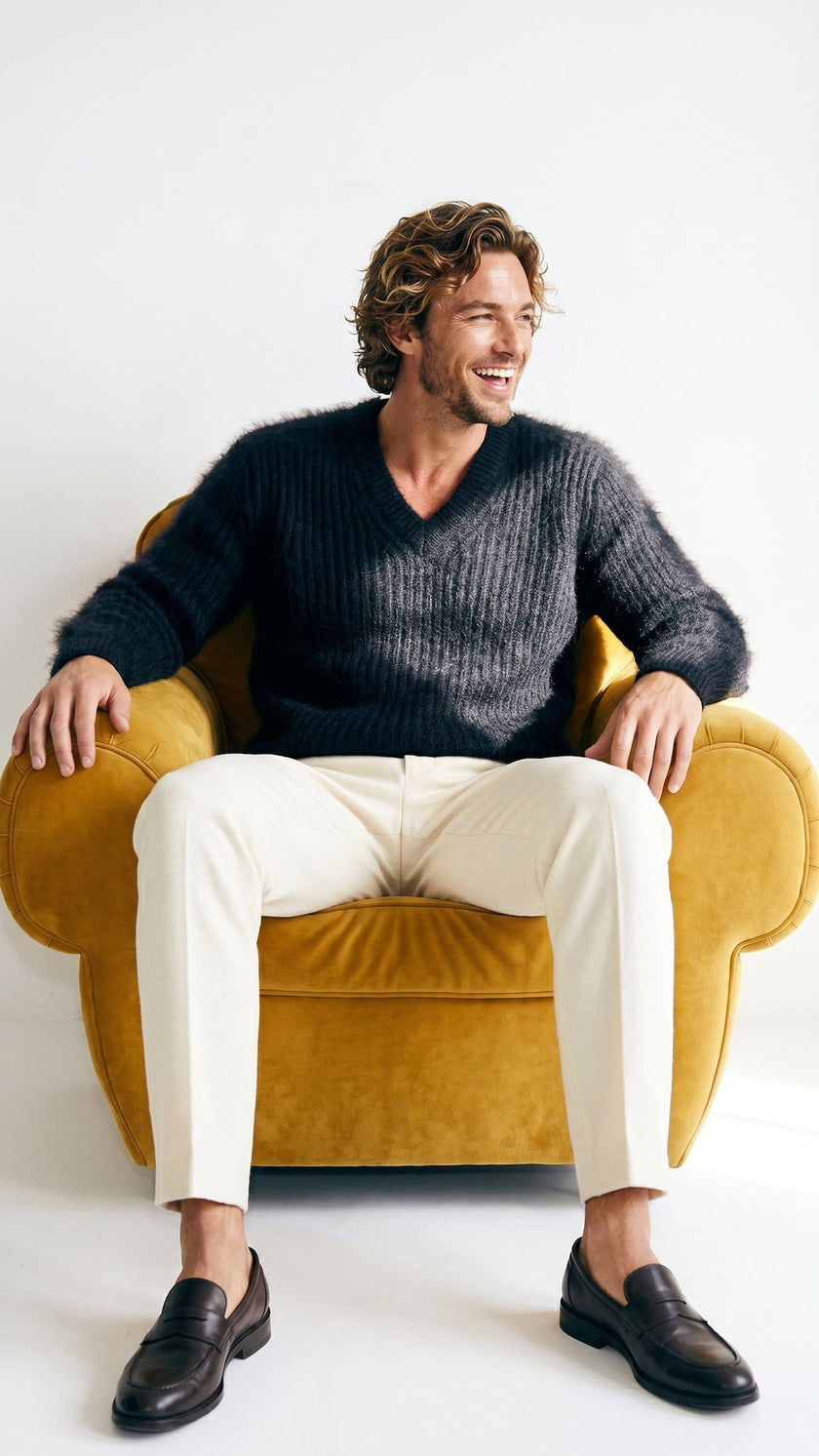 Men's angora sweater with rib-knit texture and V-neck, soft luxurious angora knitwear for versatile style