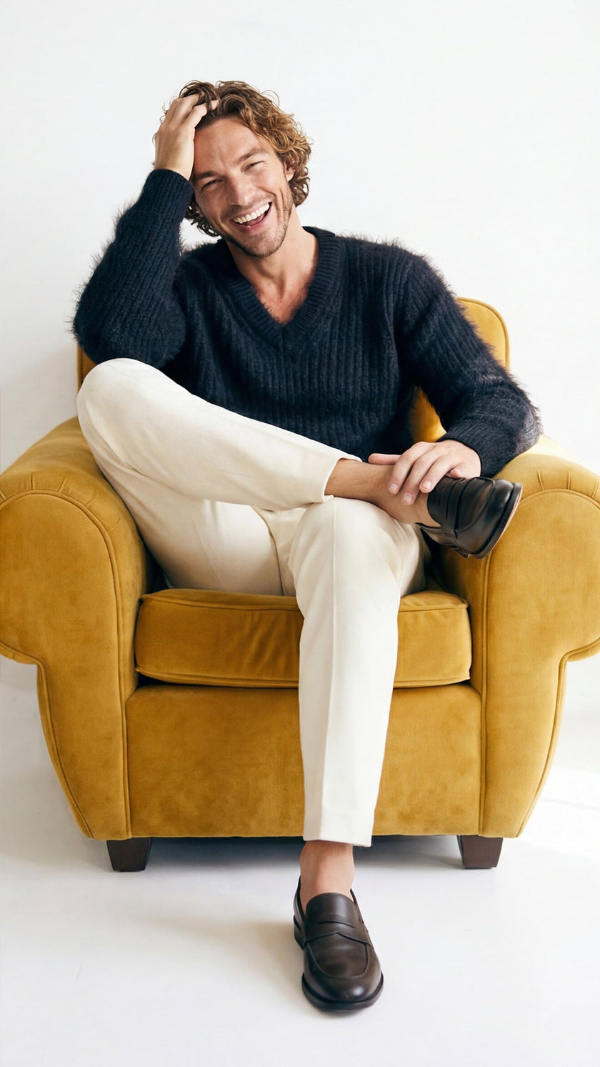 Men's luxurious angora sweater with rib-knit texture and V-neck design in soft premium fabric