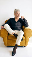 Men's soft luxurious angora sweater with rib-knit texture and V-neck design