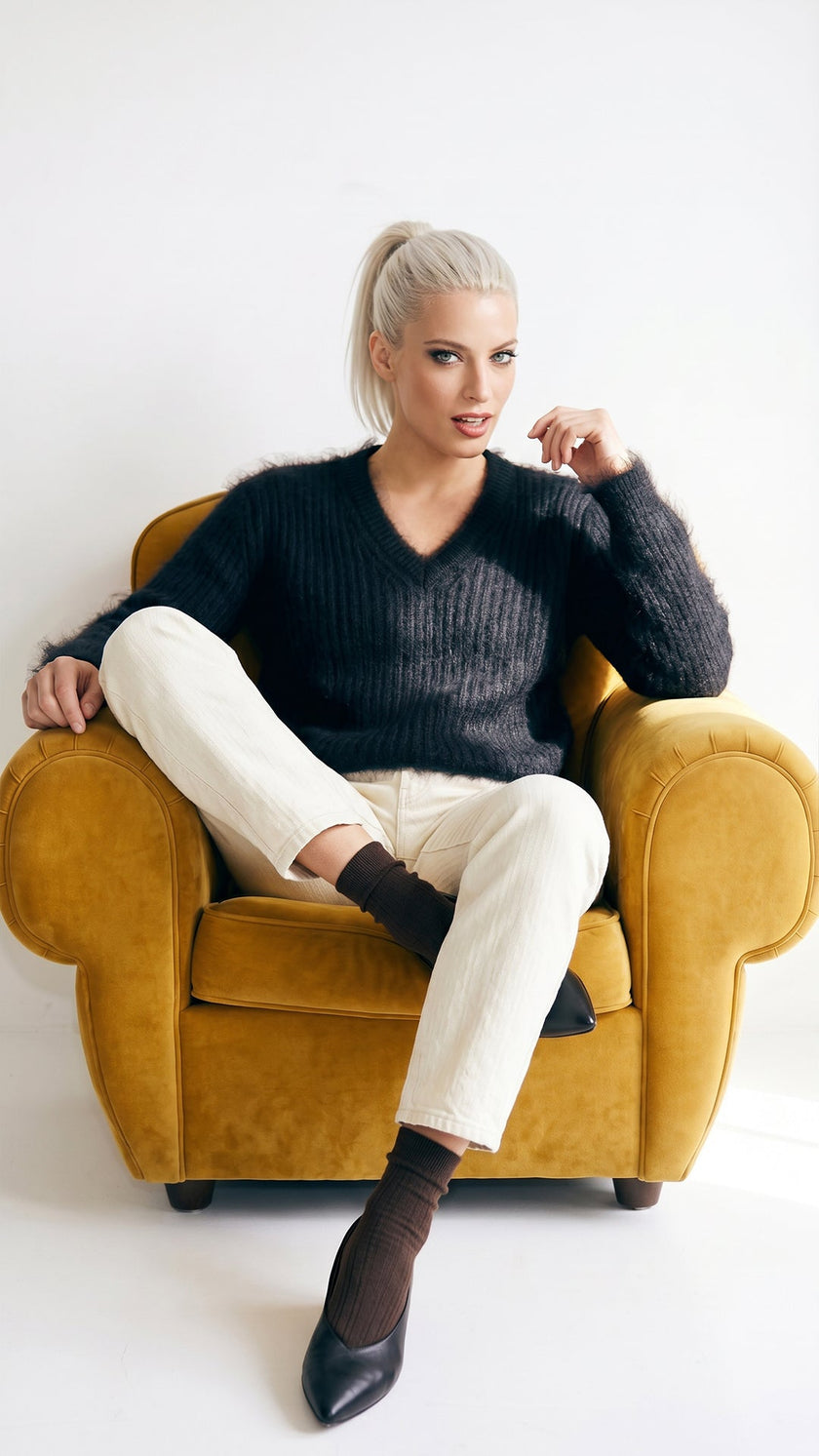 Men's soft luxurious angora sweater with rib-knit texture and V-neck design