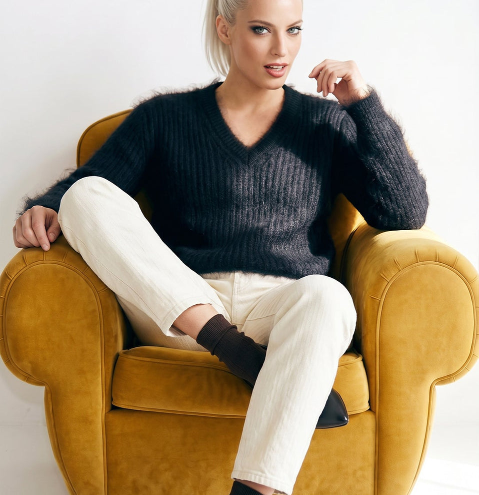 Men's soft luxurious angora sweater with rib-knit texture and V-neck design