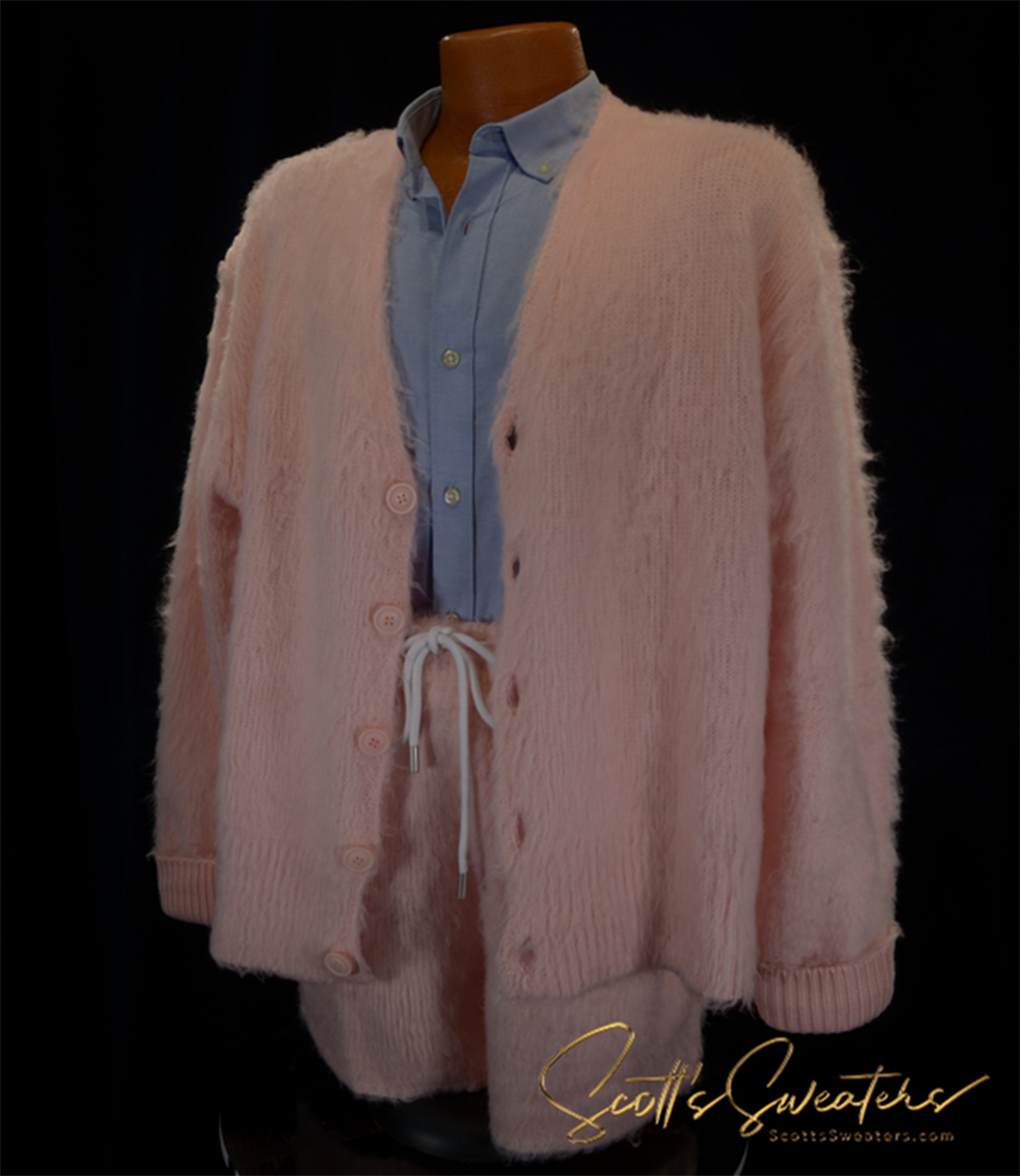 Men's ultra-soft fuzzy pink cardigan and matching shorts sweater outfit with button closure and drawstring waistband