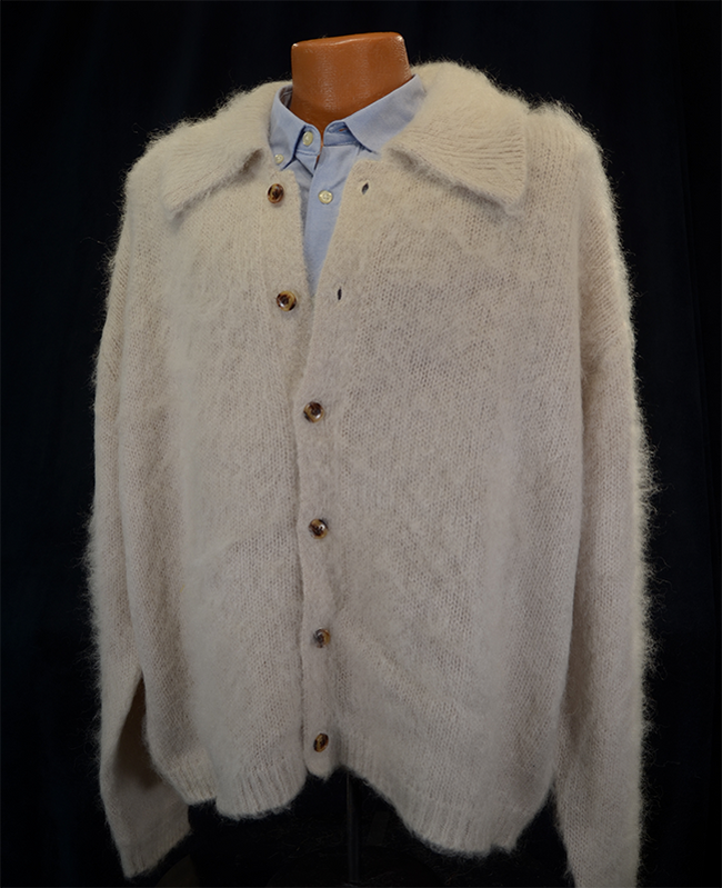 Men's oatmeal colored mohair cardigan sweater-shirt with loose fit and button front