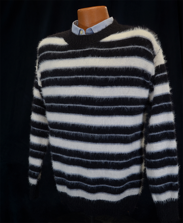 Men's striped fuzzy crewneck mohair sweater with black and white horizontal stripes on mannequin