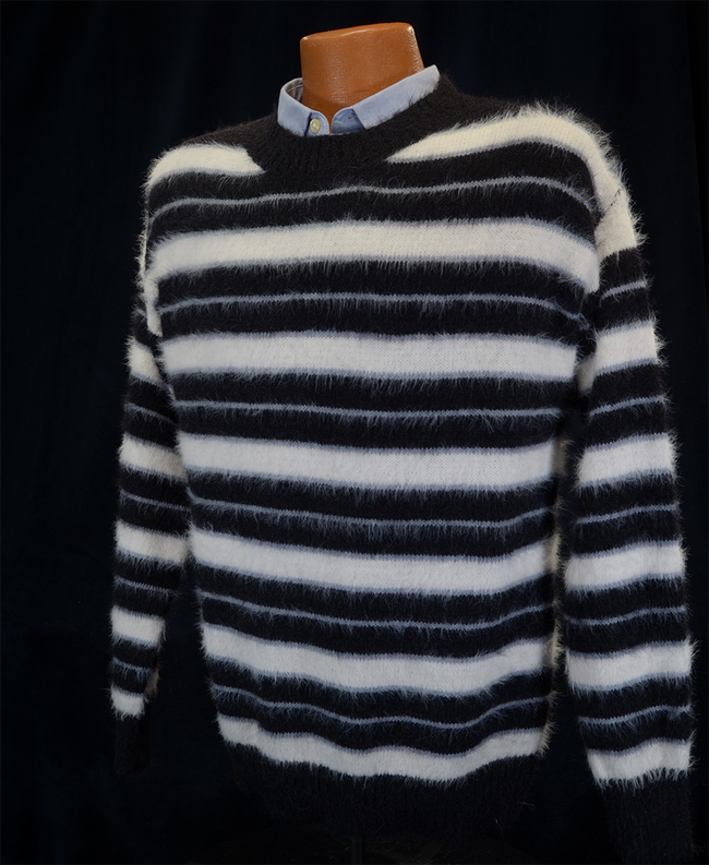 Men's striped fuzzy crewneck mohair sweater with black and white horizontal stripes on mannequin