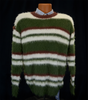 Men's fuzzy crewneck mohair sweater with white, green, and brown stripes on mannequin
