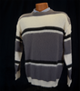 Men's striped fuzzy mohair crewneck sweater in grey, white, and black colors.