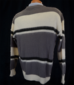 Men's striped fuzzy crewneck mohair sweater in grey, white, and black colors displayed on a mannequin back view